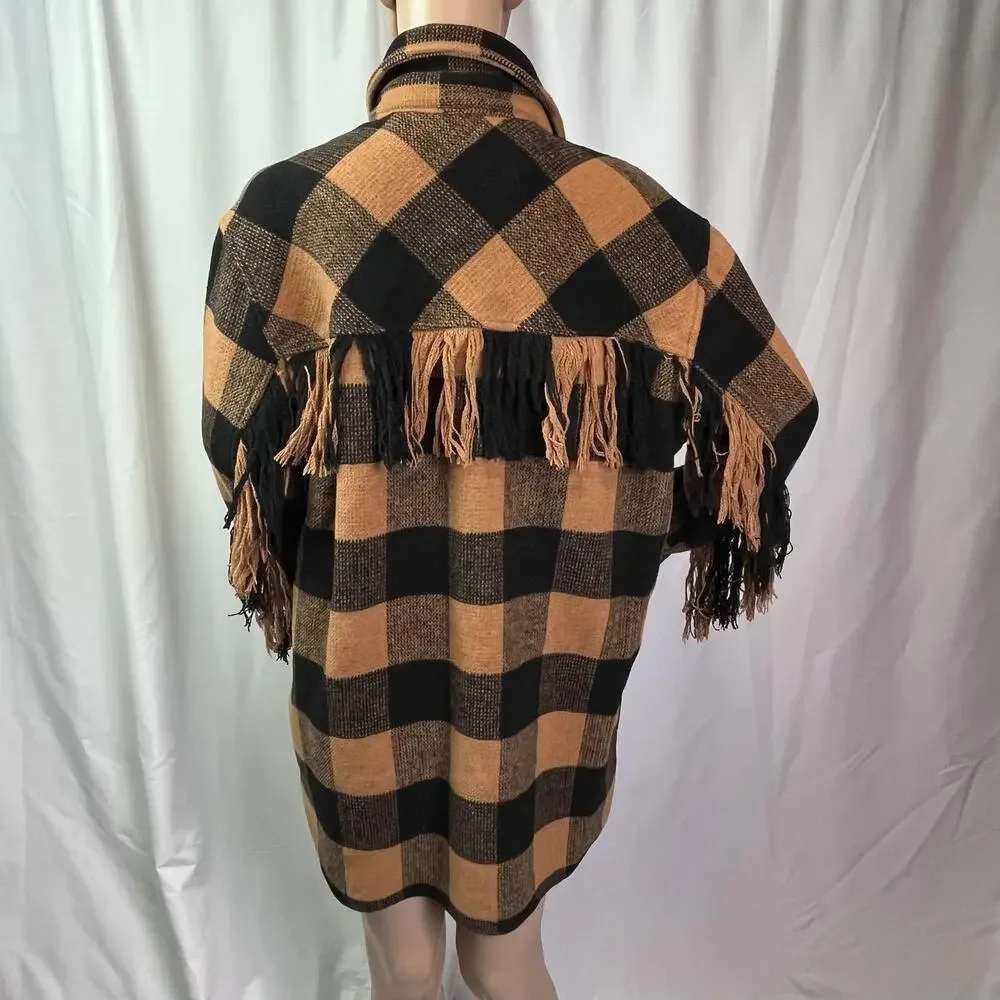 Aqua Jacket Womens Medium Black Orange Plaid Fringe Western Wool Button Front